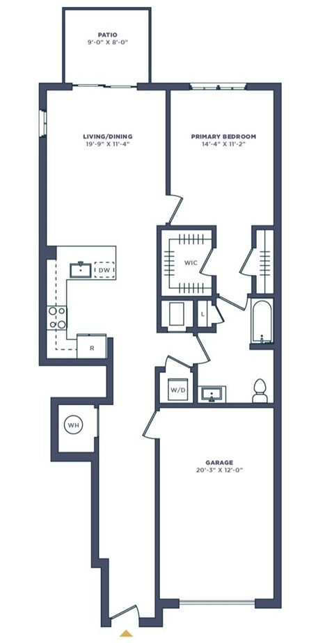 A floor plan of a house with a living room, dining room, kitchen, two bedrooms, and a garage.
